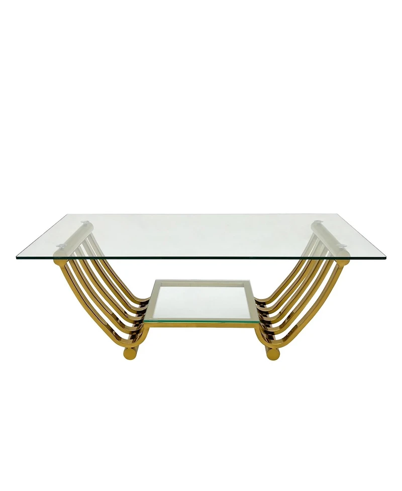 47" Rectangle Modern Stainless Steel Coffee Table, Double-Layer Clear Tempered Glass Coffee Table, Center Table Table with Storage, for Living Ro