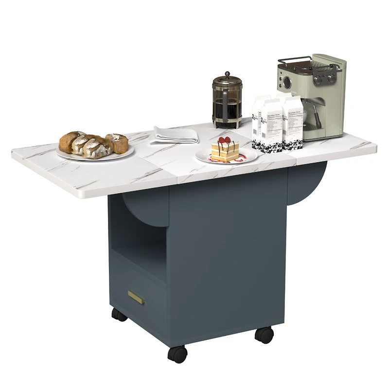 39.4" Wood Folding Dining Table with 4 Wheels, Wood Folding End Table with Wheels, Folding Dining Table with Storage Rack and 1 Drawers, Movable