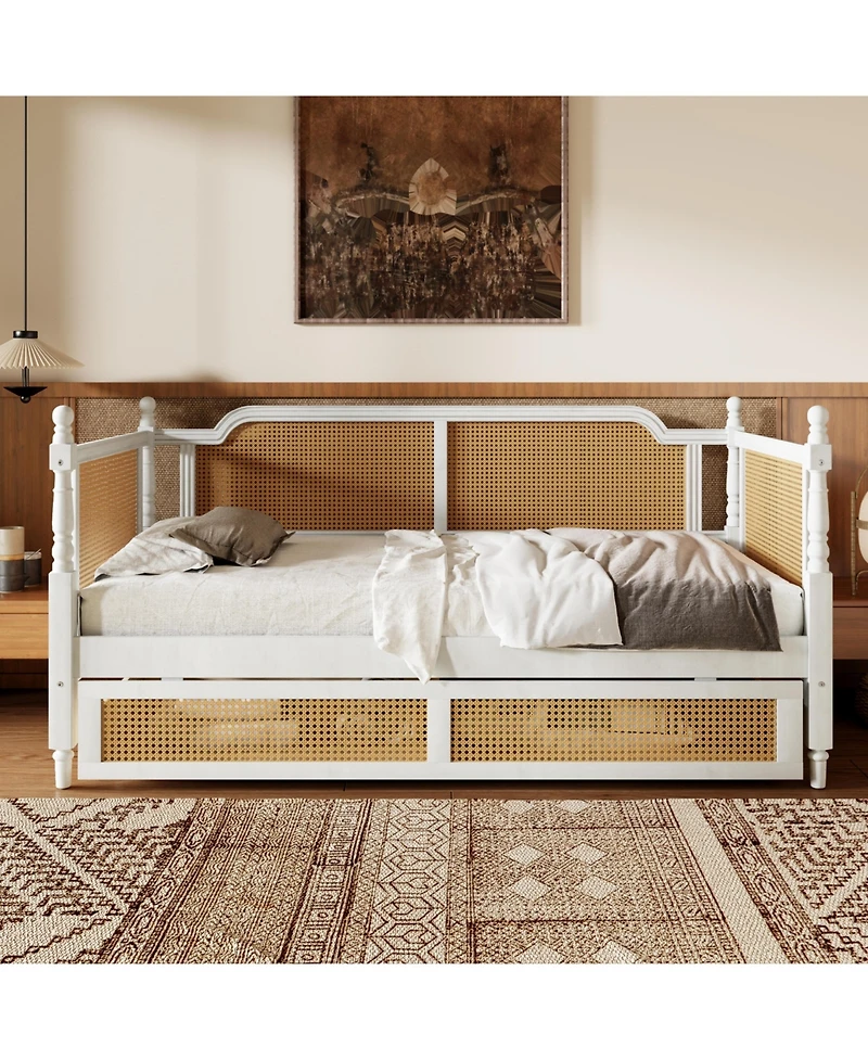 Streamdale Antique White Twin Rattan Daybed with Drawers
