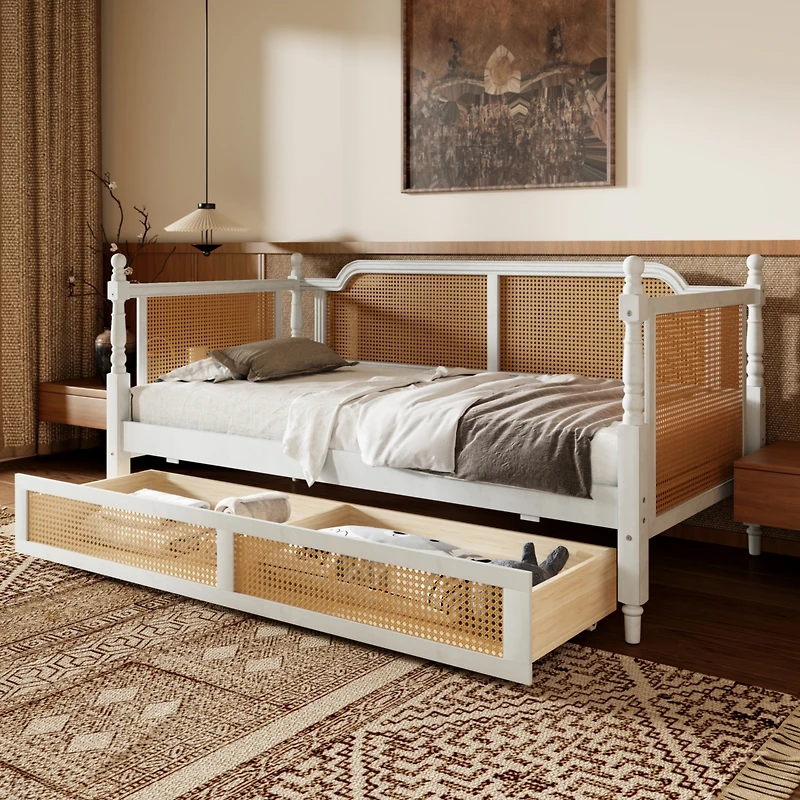 Streamdale Antique White Twin Rattan Daybed with Drawers
