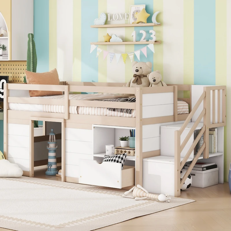 Streamdale Twin Low Loft Bed with Stair, Drawer, Shelf - Cream