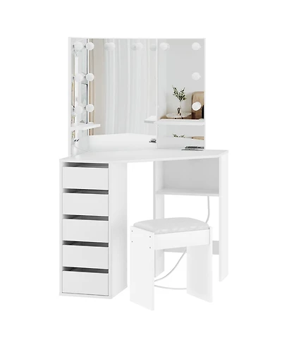 gaomon Table with Mirror Lamp,Dressing Table with Charging, 5 Drawers