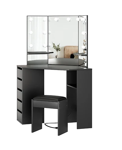 gaomon Table with Mirror Lamp,Dressing Charging, 5 Drawers