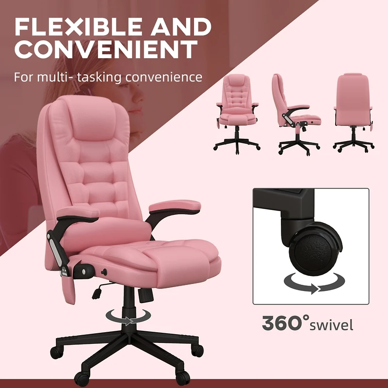 High Back Vibration Massage Office Chair with 6 Vibration Points, Heated Reclining Pu Leather Computer Chair with Armrest and Remote, Pink