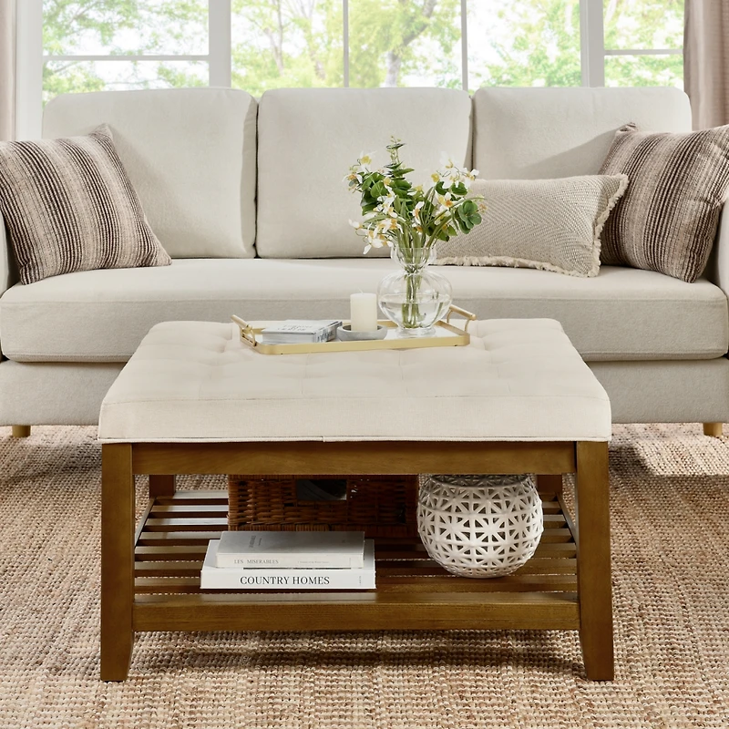 Streamdale Tufted Linen Ottoman with Wood Shelf and Frame