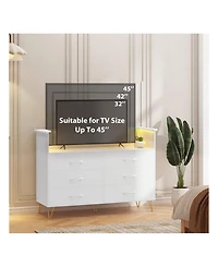 Dresser For Bedroom With Led Light & Charging Station, 6 Wooden Drawers Dressers With 2-Tier Open Shelves, Modern Chest Of Double Wide Drawers For Liv