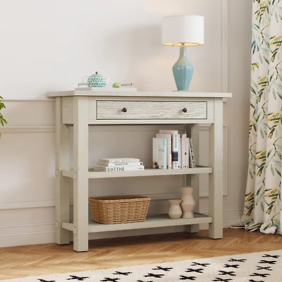 Retro Console Table with Drawer and Two Sturdy Shelves for Entryway, Living Room (Black)