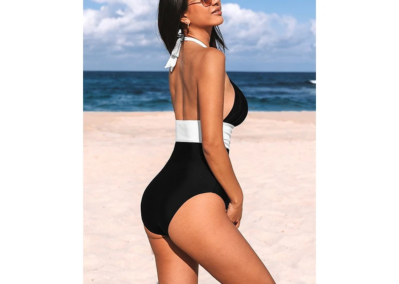 Cupshe Women's High Neck Ruched Halter Self Tie Strap One Piece Swimsuit