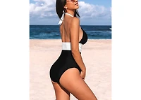 Cupshe Women's High Neck Ruched Halter Self Tie Strap One Piece Swimsuit