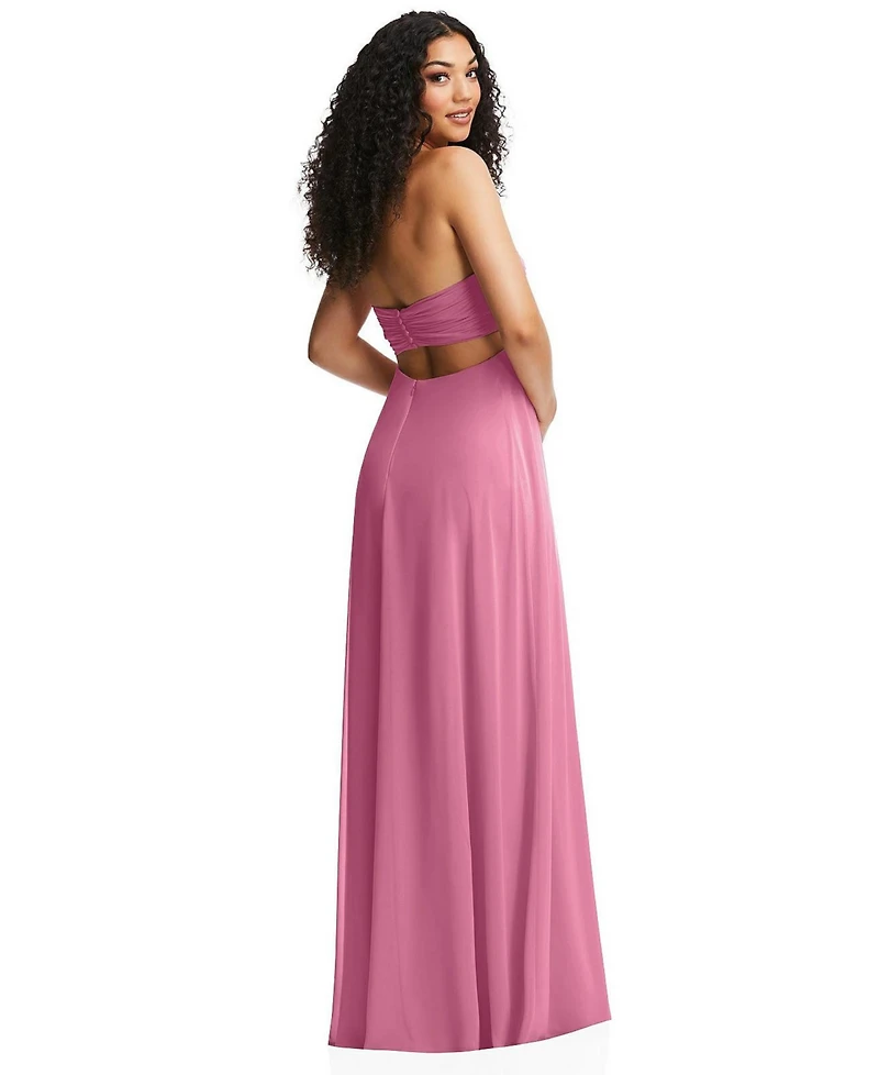 Dessy Collection Women's Strapless Empire Waist Cutout Maxi Dress with Covered Button Detail
