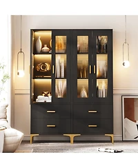 Tribesigns Bookcase with Doors and Led Light,Bookshelf with 2 Drawers, Freestanding Tall Storage Cabinet for Living Room, Bathroom, Office, Kitchen,2P