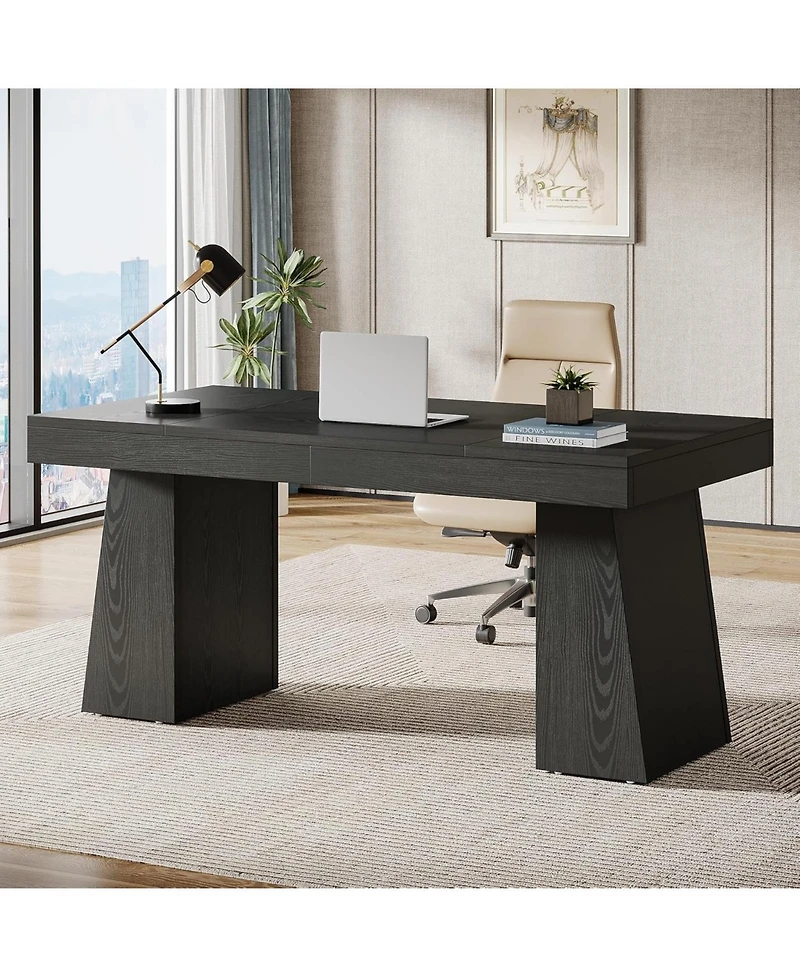 Tribesigns 55 Inches Executive Desk, Mid-Century Modern Home Office Desk with Double Trapezoid Base, Wood Computer Business Workstation