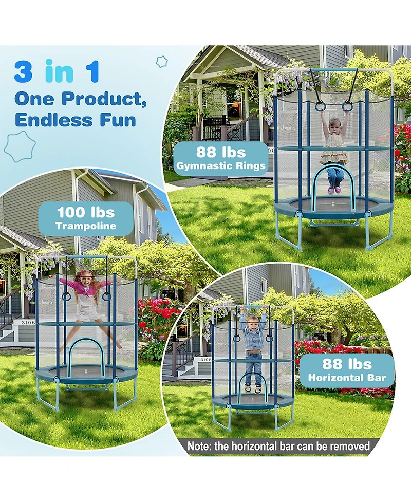 Gymax 60'' Trampoline for Kids w/ Gymnastic Bar Rings Foamed Handle No Gap Design