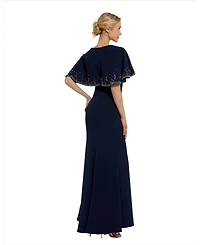 Mac Duggal Women's Crepe High Neck Fitted Gown With Beaded Shawl