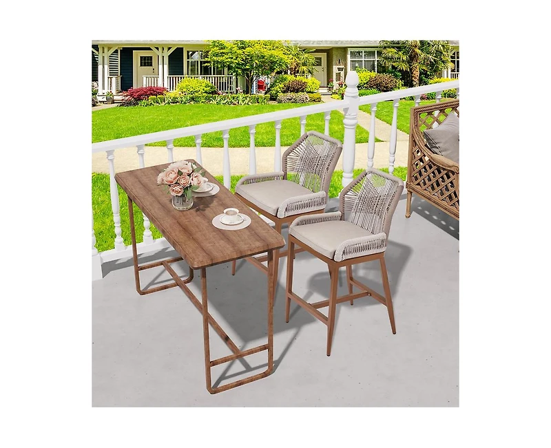 Woven Outdoor Counter Height Bar Stools Chairs Set of 2, Rattan Garden Counter Stools with Aluminum Frame, Modern Barstool with Backrest for Kitchen