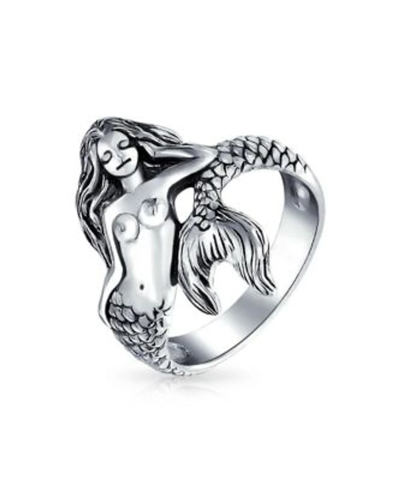 Bling Jewelry Nautical Marine Life Tropical Beach Siren Mermaid Ring For Women Oxidized .925 Sterling Silver 2mm Band