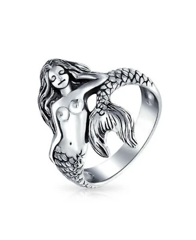 Bling Jewelry Nautical Marine Life Tropical Beach Siren Mermaid Ring For Women Oxidized .925 Sterling Silver 2mm Band