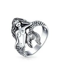 Bling Jewelry Nautical Marine Life Tropical Beach Siren Mermaid Ring For Women Oxidized .925 Sterling Silver 2mm Band