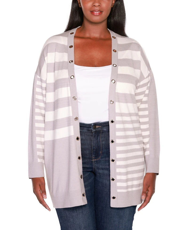 Belldini Plus Black Label Color Blocked Variegated-Stripe Cardigan Sweater