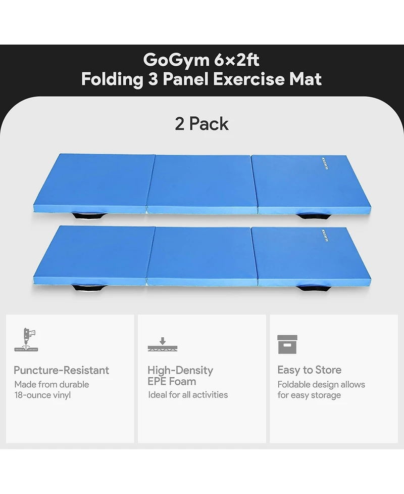 BalanceFrom Fitness GoGym 6x2ft Folding Exercise Mat with Handles, Blue (2 Pack)