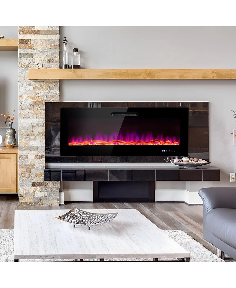 Skonyon 60 Inch Wall Mounted Recessed Electric Fireplace with Decorative Crystal and Log