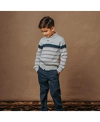 Hope & Henry Boys Organic Long Sleeve Shawl Collar Sweater with Engineered Stripe