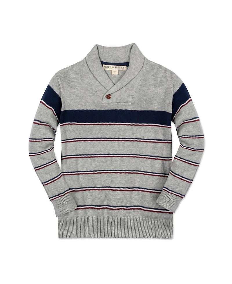 Hope & Henry Boys Organic Long Sleeve Shawl Collar Sweater with Engineered Stripe
