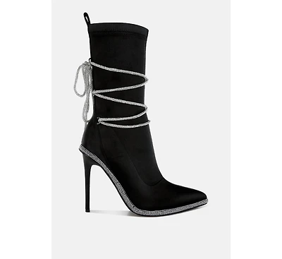Dacia Rhinestones Strap Satin Calf Boots