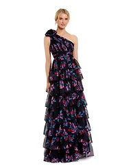 Mac Duggal Women's One Shoulder Printed Chiffon Tiered Ruffle Gown