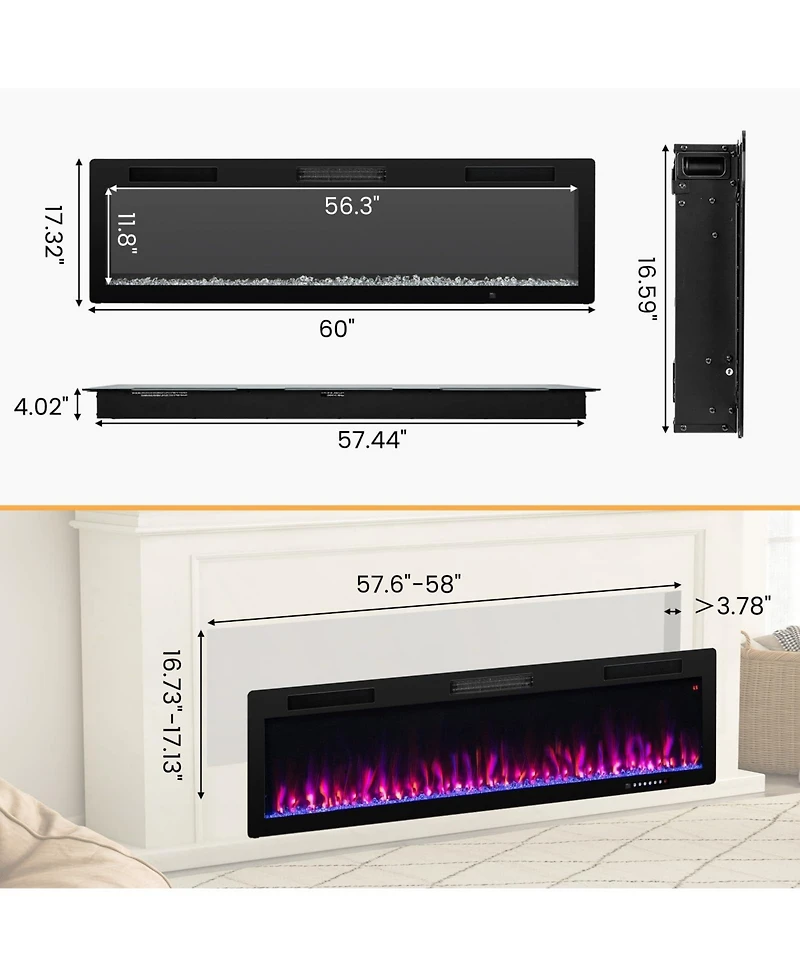 Sugift Electric Fireplace 60 Inches Recessed and Wall Mounted for 2' x 6' Stud