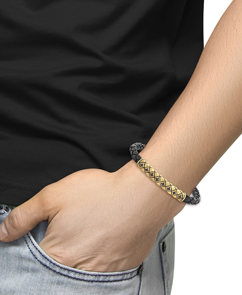 Effy Men's Sapphire (1/6 ct. t.w.) Braided Leather Bracelet in 18k Gold Over Sterling Silver