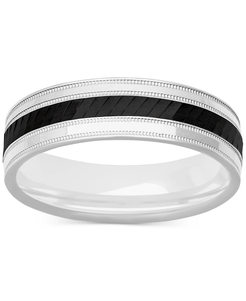 Men's Milgrain Bead Step-Edge Wedding Band Sterling Silver & Black Rhodium