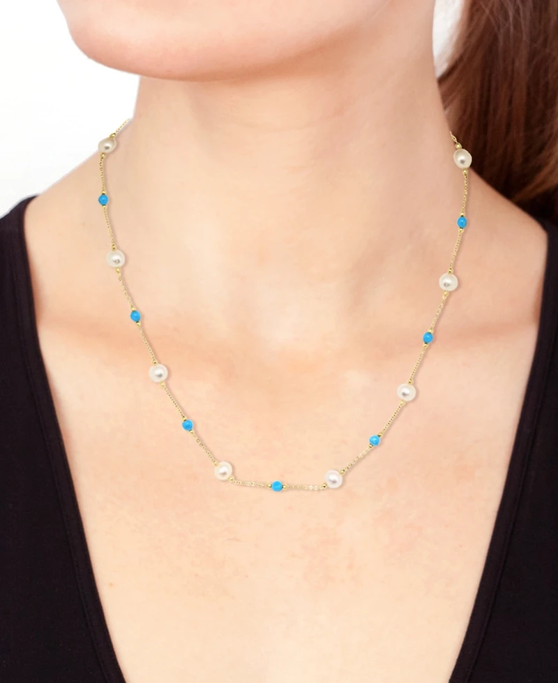 Effy Cultured Freshwater Pearl (6mm) & Turquoise 18" Collar Necklace in 14k Gold