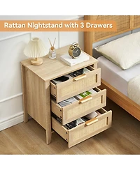 gaomon Nightstand Set of 2, Rattan End Table, Rattan Nightstand Boho Cabinet with 3 Natural Rattan Drawers
