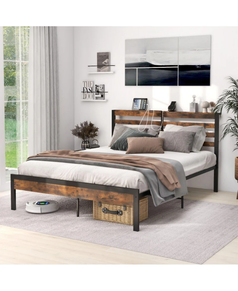 Sugift Queen Size Bed Frame with Charging Station and Storage Headboard