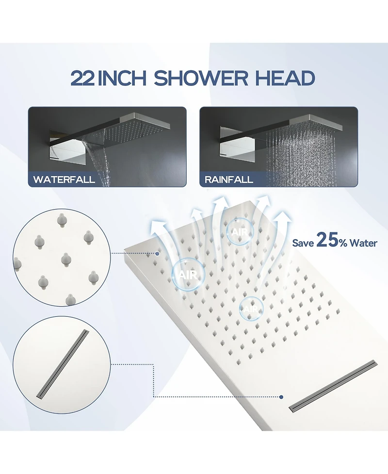 Casainc 22 Inch Luxury Waterfall Shower System Valve Kit with Handheld Spray