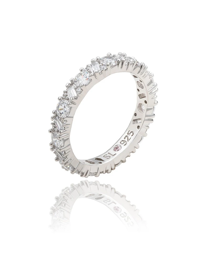 Suzy Levian Sterling Silver Cubic Zirconia Round Baguette Cluster Eternity Band