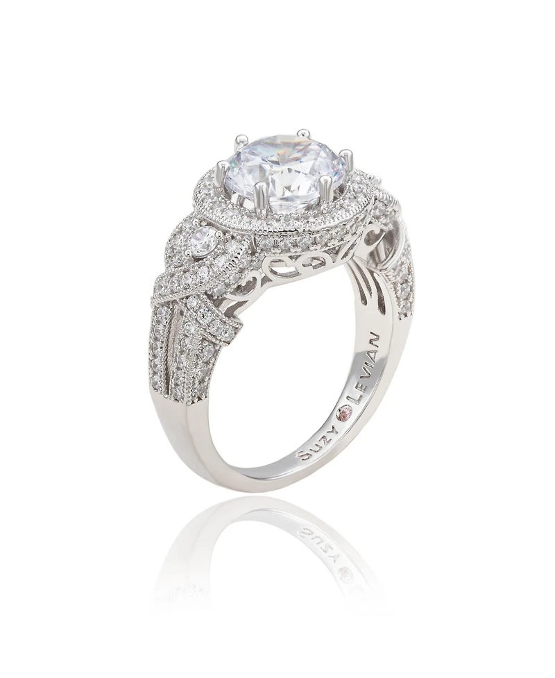 Suzy Levian Sterling Silver Round Cubic Zirconia French Filigree Ring