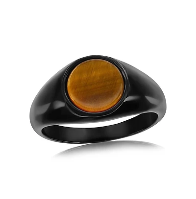Metallo Stainless Steel, Black Plated Inlay Round Ring - Tiger Eye