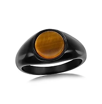 Metallo Stainless Steel, Black Plated Inlay Round Ring - Tiger Eye