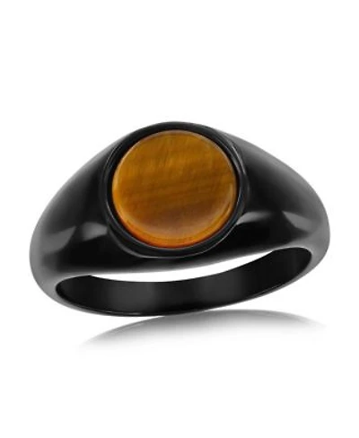 Metallo Stainless Steel Black Plated Inlay Round Ring Tiger Eye