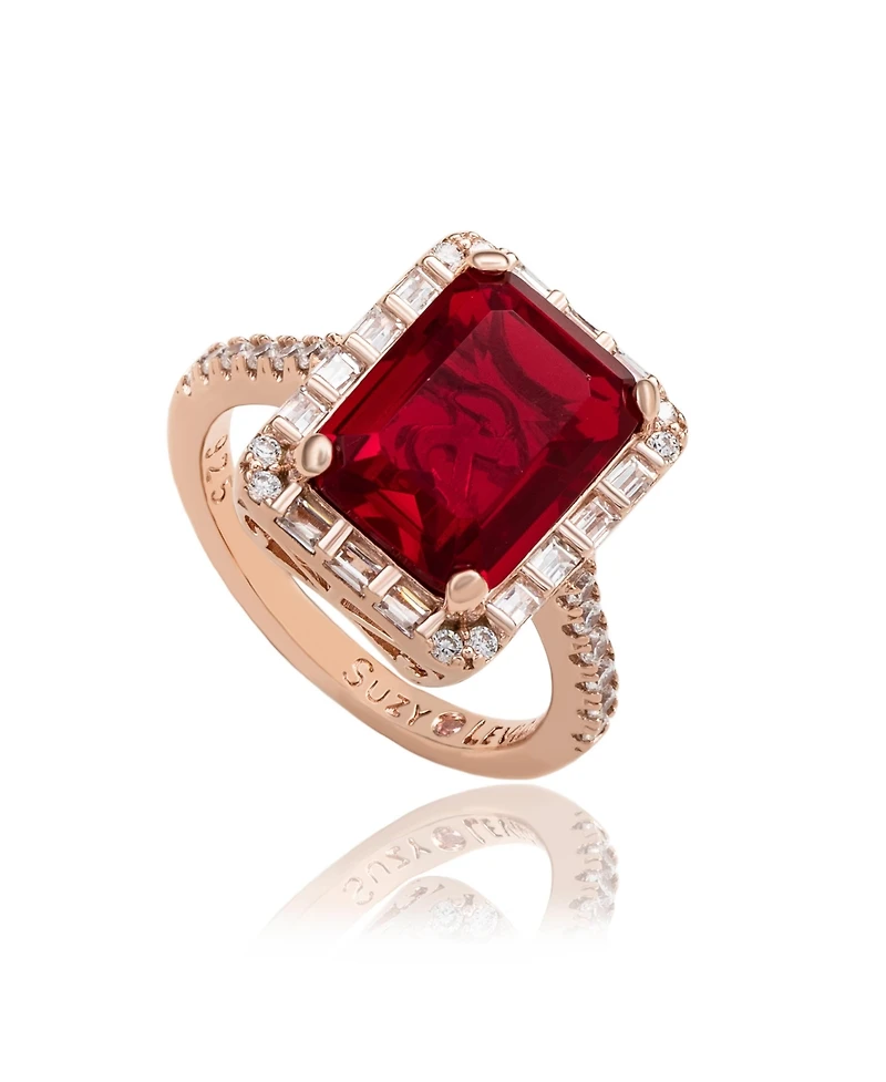 Suzy Levian Sterling Silver Emerald-Cut Cubic Zirconia Baguette Halo Ring