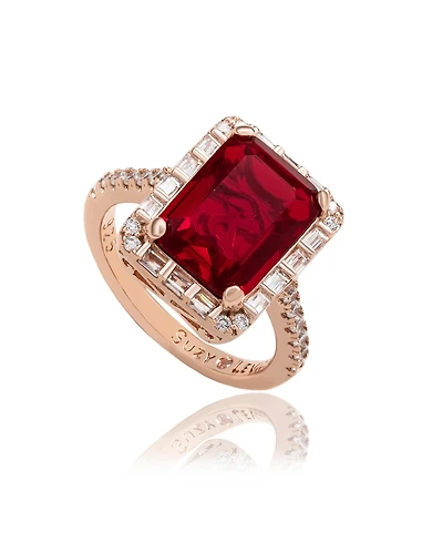 Suzy Levian Sterling Silver Emerald-Cut Cubic Zirconia Baguette Halo Ring