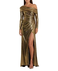 Mac Duggal Women's Long Sleeve Off The Shoulder Metallic Gown