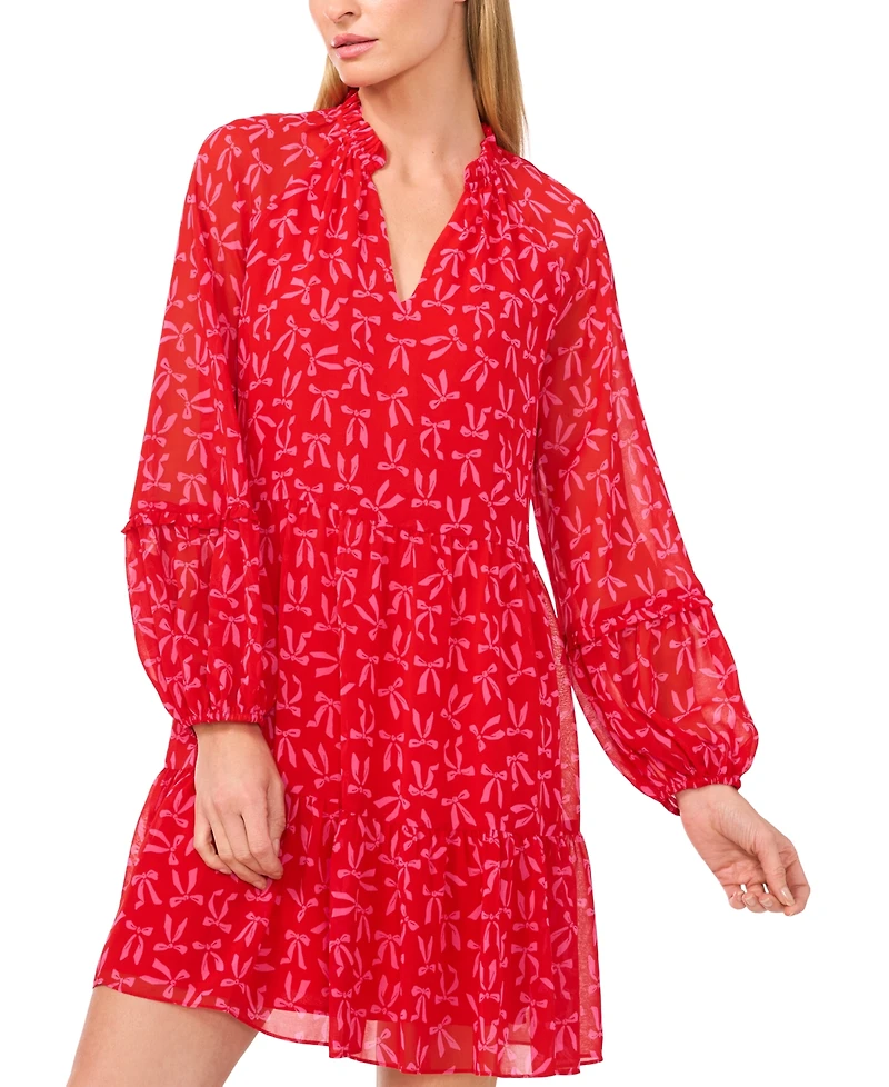 CeCe Women's Bow-Print Babydoll Long-Sleeve Dress