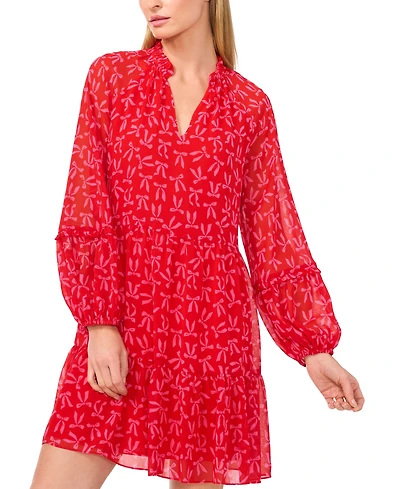 CeCe Women's Bow-Print Babydoll Long-Sleeve Dress