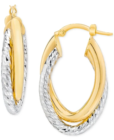 Polished & Diamond Cut Double-Row Oval Bypass Hoop Earrings in 14k Yellow & White Gold