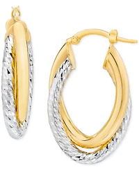 Polished & Diamond Cut Double-Row Oval Bypass Hoop Earrings in 14k Yellow & White Gold