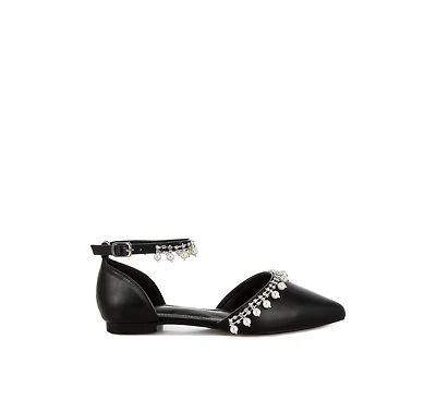 Aouva Rhinestone & Pearl Ankle Strap Flat Sandals