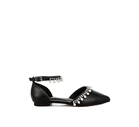 Aouva Rhinestone & Pearl Ankle Strap Flat Sandals